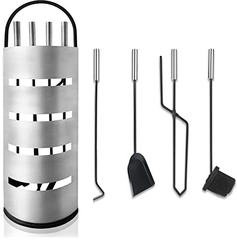 Froadp 5 pezzi Attrezzi per Camino in Acciaio Inossidabile Strumenti per Caminetti include Spazzole, Pinza, Ganci, Paletta e Supporto Stufa a Legna Set di Utensili Caminetto per Cucina Casa (Argento)