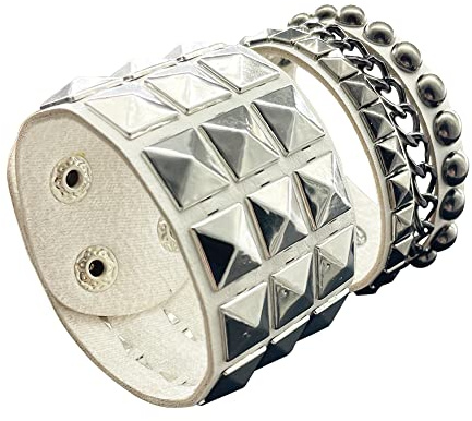 BaBakiak Punk Bracelet for Men Women, Goth Leather Wristband with Metal Studded (White)