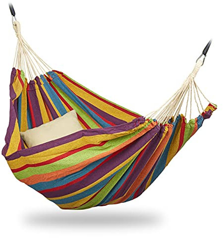 Relaxdays Hängematte Baumwolle, BxT: 150 x 190 cm, mit Befestigungsset, bis 300 kg, tragbar, XXL Stabhängematte, bunt