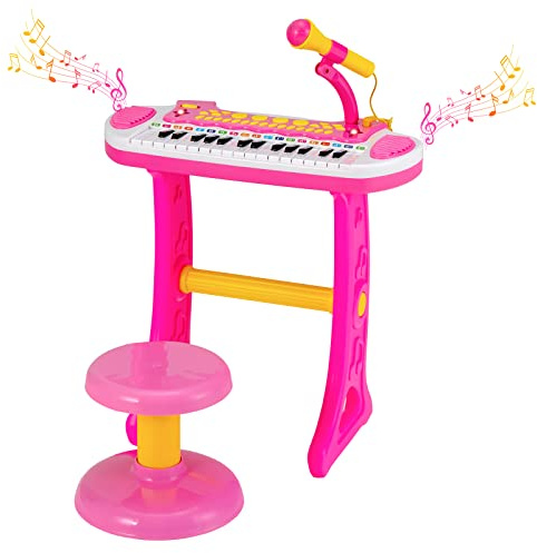 COSTWAY Clavier Piano Enfants 31 Touches avec Microphone et Tabouret,Piano Numérique avec Effets Lumineux,22 Démos,8 Volumes Réglables,8 Tonalités,7 Rythmes,Enfants 3 Ans+ (Rose)…