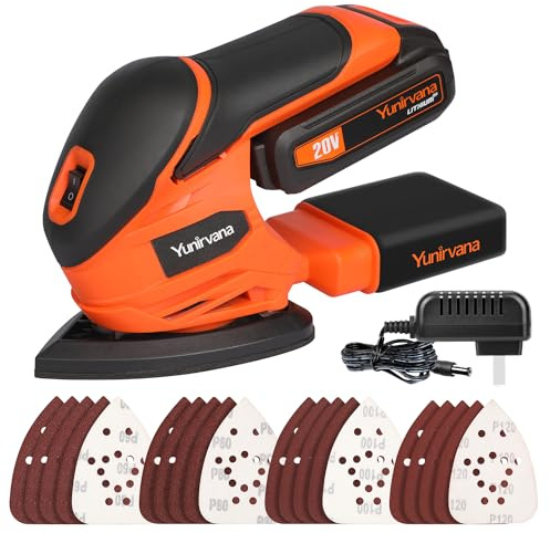 Yunirvana Cordless Sander 20V, Detail Sanders, 20Pcs Sandpapers,12000 RPM Sanders with Dust Collection System for Tight Spaces Sanding in Home Decoration, Battery and Charger Included