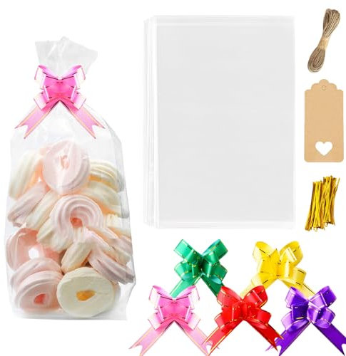 20 Stück Geschenkfolie Transparent 35 x 50cm, CellophantüTen Transparent Taschen Mit Geschenkschleifen,Kraftpapier,Twist Krawatten,Schnur, CellophantüTen Taschen für Geschenkkorb