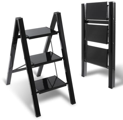 Eulenke Escabeau 3 marches, Pliant en Aluminium Pliable, échelle Pliante Portable, escabeau avec pédale antidérapante, marchepied ménager Pliable en échelle, escabeau léger jusqu'à 150 kg, Noir
