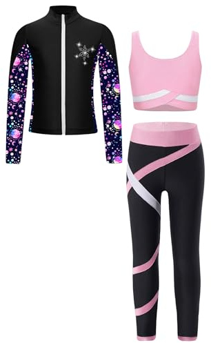 TiaoBug Conjunto Deportivo Para Niñas Chaqueta Manga Larga + Chaleco Sin Mangas + Leggings Traje De Gimnasia Rítmica Entrenamiento Rosa 5-6 años