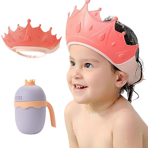 MOSIERRY Duschhaube Kinder mit Haarwaschbecher, Haarwaschhilfe Kinder Duschhaube Baby Haare Waschen Kinderschutz,Krone Rosa