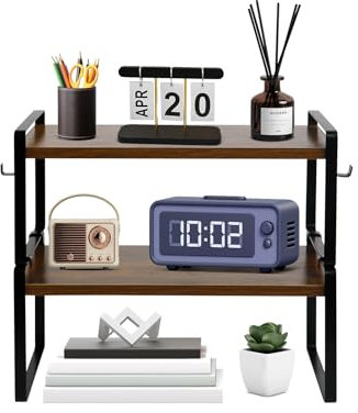 FURNITABLE Bücherregal, 2 Ebenen kleines Regal, bücherregal Holz, Stabiler Metallrahmen, Industriestil, für Wohnzimmer, Schlafzimmer, Arbeitszimmer, 40x20x18 cm, Rustikal Braun+Schwarz