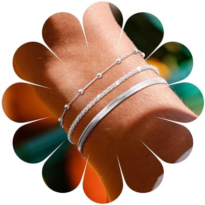 Aneneiceera Punk Stratificato Catena Bracciale Argento Satellite Catena Bracciale Vintage Piatto Serpente Catena Bracciale Palla Perlina Bracciale Mano Catena Gioielli Per Le Donne (argento)