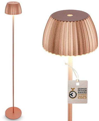 BRILONER - Riffle LED Stehlampe kabellos IP44 mit Touch, dimmbar, Memoryfunktion, Akku tauschbar, Akku Stehleuchte, Leselampe, Wohnzimmerlampe, German Design Award Winner, 19x124 cm, Kupferfarben