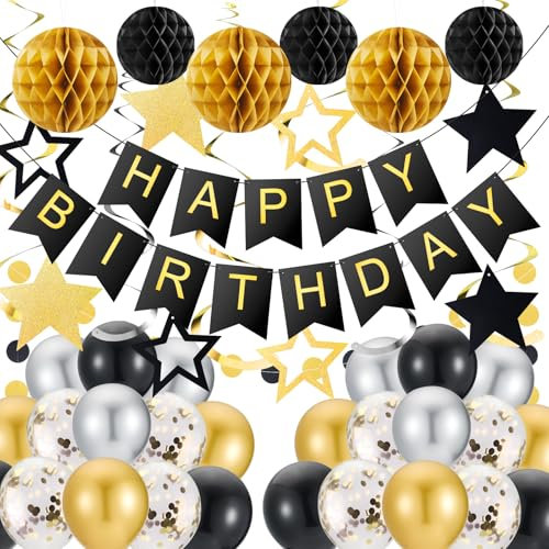 Gold and Black Party Decorations Bunting Set, Large Happy Birthday Banner with Hanging Swirls Stars, Balloons, Honeycomb Balls, Circle Dots Garland for Women Men