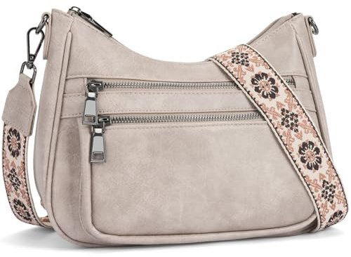 YOVIEE kleine Handtasche Damen Grau Umhängetasche aus veganem Leder tasche Crossbody Bag mit Breitem Gurt Schultertasche Kapazität Reisetasche