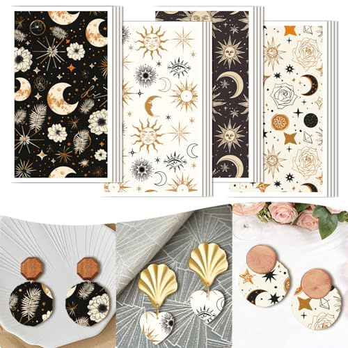 CRASPIRE 20 pz 4 Stili Carta da Trasferimento per Argilla Polimerica Decalcomanie per Trasferimento sotto Smalto 4.7 x 2.8 Pollici Boho Luna Sole Stella Fiore Modelli Fogli per Creazione di Gioielli