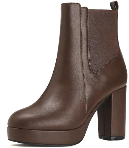 Putu Women's Chunky High Heel Ankle Boots Dressy Booties with Zipper Round Toe Platform Booties Brown 9