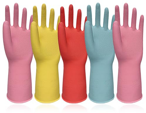 FUSHI&MON Rubber Gloves 5 Pairs Heavy Duty Household Washing Up Gloves with Non-Slip Grip, Colorful Cleaning Dishwashing Glove Waterproof Design for Kitchen Bathroom (Medium (Pack of 5))
