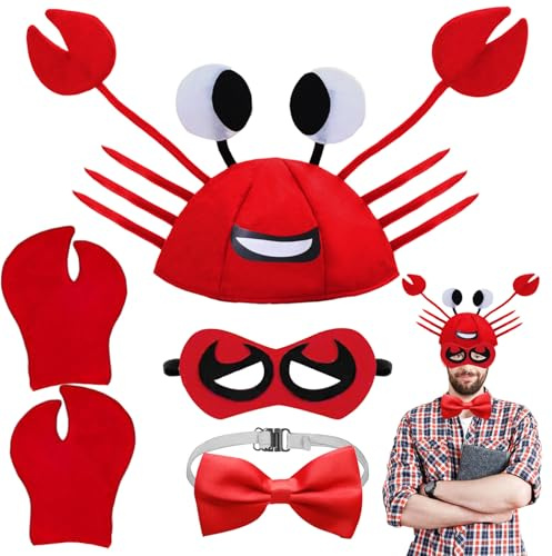 LUKIUP Set di 5 costumi da granchio, cappelli divertenti, cappelli per cosplay e guanti set cappelli, maschera per gli occhi di granchio, per bambini, adulti, carnevale, Halloween, Natale, Pasqua