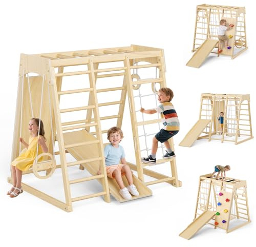 STYPLZ 9-en-1 gran marco de escalada interior Montessori, paredes de escalada interiores, con columpios, toboganes, parque de juegos interior Montessori para 1-3 años (9 en 1)