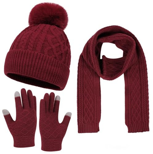 Vinter halsduk hatt & handskar set kvinnor & män höst vinter varm söt ullhatt halsduk handskar tre delar vinter stickad mössa skärm vantar halsdukar set kallt väder accessoarer kläder, vin, en storlek