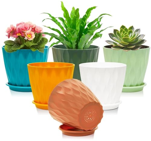 Omtofo Maceteros Decorativos Interior de Plástico 15.4 cm con Plato, 6 Piezas Maceta Redonda con Orificios de Drenaje, Macetas Plastico para Interior y Balcón, Suculentas y Cactus