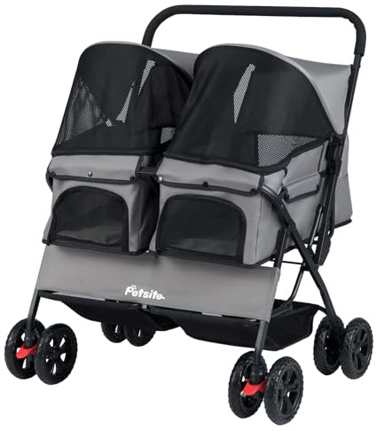 GYMAX Poussette pour Chiens Chats avec Double Panier, Pare-Soleil avec Fenêtre en Maille Respirante, Ceinture de Sécurité, Espace de Rangement, Chariot pour Petits Animaux (Gris)