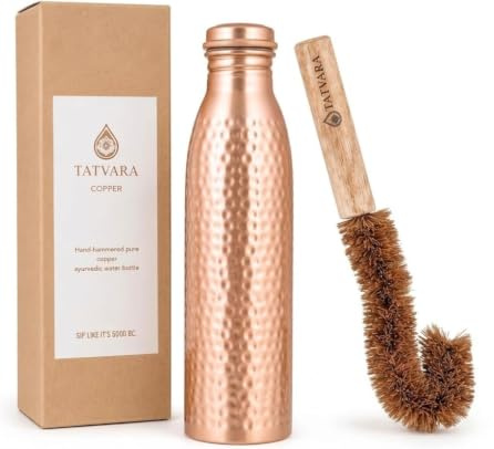 TATVARA Pure Copper Water Bottle 32.oz / 950 ml – Classic Hammer Finish, Leak Proof Ayurvedic Copper Bottle with Cleaning Brush for Home Gym Yoga Travel (hand hammered)