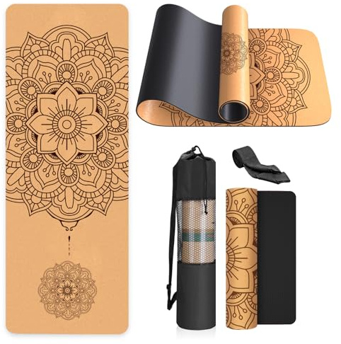 Esterilla de Yoga de Corcho Antideslizante - Alfombra para Entrenamiento de Gimnasia,sin sustancias nocivas, para Yoga y Pilates - Colchoneta de 183 x 61 x 0.4CM-con Correa de Transporte-blk-Mandala