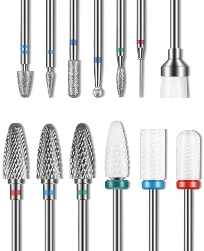 Lot de 13 forets à ongles - 3 forets en carbure de tungstène - 3 forets en céramique Efile - 6 forets diamant - 1 pinceau - 1 foret de 0,95 cm - Pour manucure, pédicure, salon de beauté
