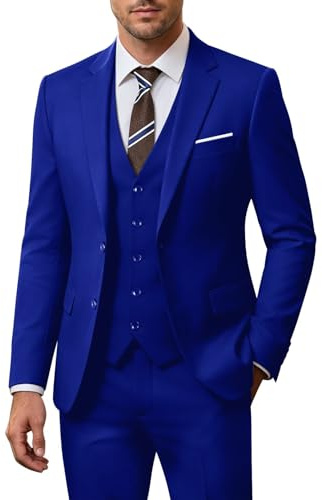 ZKHOECR Costume 3 pièces pour Homme, Coupe ajustée, avec Blazer à Deux Boutons, Gilet et Pantalon, Couleur Unie, pour Les Affaires et Les Mariages, Bleu Royal, Taille XL