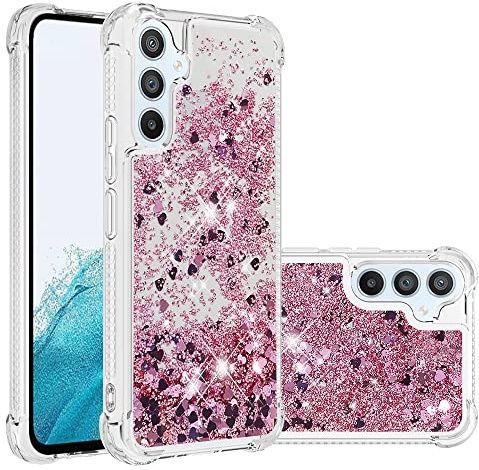 IMIRST Telefonfodral kompatibelt med Samsung A54 Bling flytande glitter silikonskal stöttåligt Kawaii airbag skyddande fodral för Samsung Galaxy A54. YBW kärlek roséguld