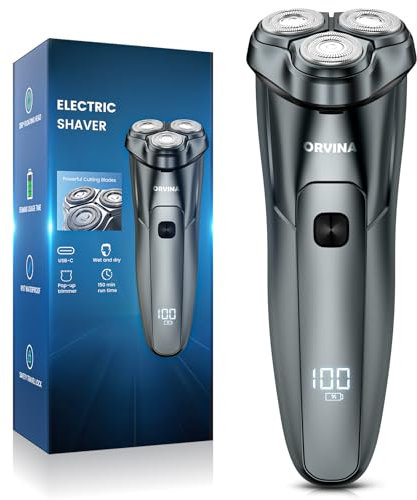 Rasierer Herren Elektrisch, Elektrorasierer für Männer, Kabelloser Wiederaufladbarer Rotationsrasierer mit LED-Anzeige zum Bartrasierer, IPX7 Wasserdicht Nass und Trockenrasierer (Silber)