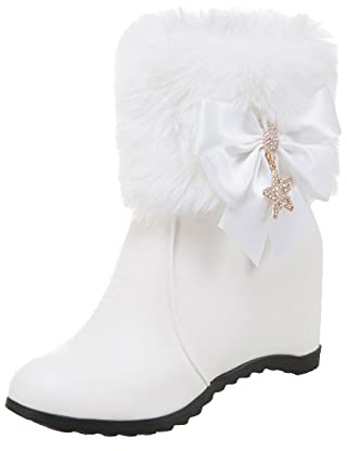 Bottines Femme Mode Cuir Nœud Strass Décoratif Fermeture éclair Haut Talon Compensé Antidérapantes Bottes Courtes en Coton Automne Hiver