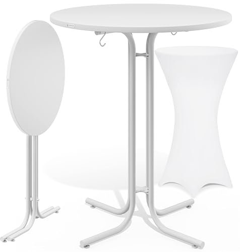Casaria® Stehtisch mit Husse 80 cm Klappbar Weiß Rund Holz Metall Pulverbeschichtet Wetterfest Hoch Set Bistrotisch Bartisch Garten Hochzeit Tisch