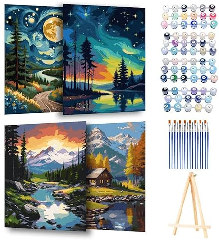 Ninonly 4 piezas de pintura por números adultos con marco DIY pintura al óleo por números para principiantes y adultos con 16 pinceles y 4 juegos de pinturas acrílicas 24 x 30 cm bosque