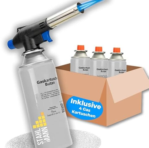 STAHLMANN ® Gasbrenner mit Kartusche 227g – Schweißbrenner max. 1300°C Temperatur – Lötlampe mit Piezozündung – Bunsenbrenner Küche -Küchenbrenner (4x Gaskartuschen)