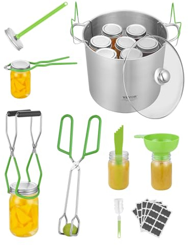 VEVOR Canning Supplies Starter Kit, 9 Pieces Stainless Steel Water Bath Canning Kit for Beginners, Canning Tools Set: Pot, Rack, Lid, Funnel, Tongs, Jar Lifter, Wrench, Magnetic Wand, Bubble Propper