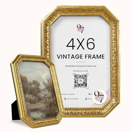 97 Decor 4x6 Vintage Picture Frame - Gold Antique Frame 4x6, Small Ornate Frames 4 X 6 With Glass Front For Tabletop Photo Display And Wall Hanging, Mini Victorian Poster Frame 4 By 6 Vintage Decor