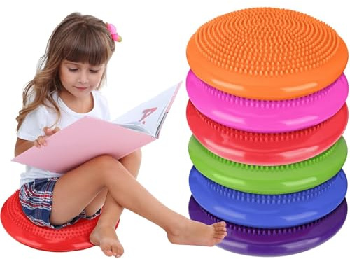 6 Pcs Inflated Wobble Cushion 34CM Inflatable Air Stability Cushion Balance Board with Pump Non-slip Balance Disc Sitting Posture Trainer Wiggle Seat for Office School Home Equipment (Bright Colors)