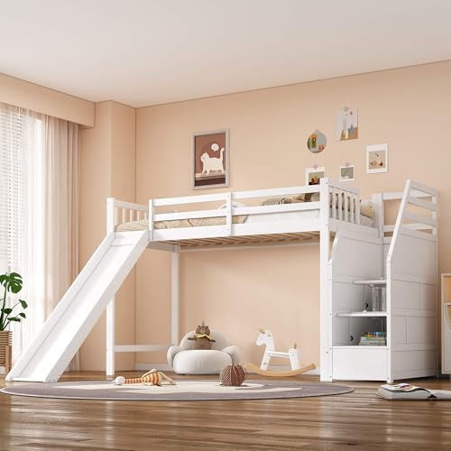 HYUB Cama alta para niños de 90 x 200 cm con tobogán y somier, litera con escalera y espacio de almacenamiento, estructura de madera de pino, color blanco