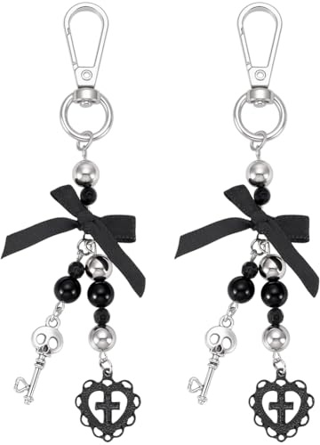 PLIGREAT 2 porte Clés Gothique en Forme de Tête de Mort Pendentif Fantôme Mignon Breloques pour Sac D'Halloween Nœud Noir Croix pour Femmes et Hommes Sac à Main Sac à Dos Accessoires de Décor