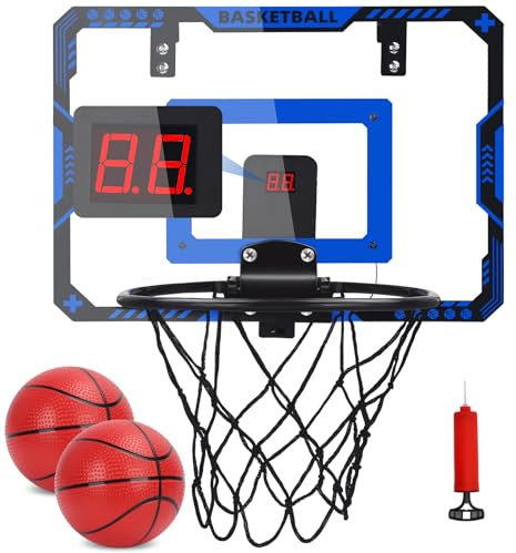 HuiJuKeJi Panier de basket-ball d'intérieur pour enfants - Mini panier de basket-ball mural - Cadeau pour garçons avec 2 balles, score automatique, lumières LED et musique