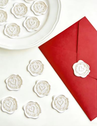 48 Pieza Sello Lacre Autoadhesivo con Forma Corazón & Ramas Olivo, Blanco | Sellos Cera Personalizado, Sobres Regalo Pegatinas para Invitacione Boda Envelope Tarjeta Cumpleaños, Bolsas Papel Decoración