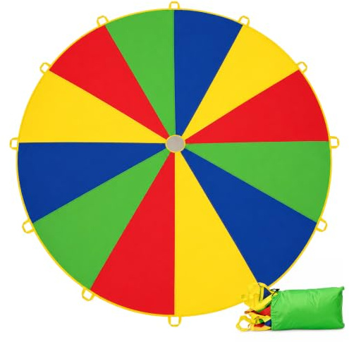 GreenWhim 12ft Rainbow Parachute Game for Kids Outdoor Group Activity Toy | Preschool Team Play, Cooperative Exercise, PE Class Equipment, Party Activities