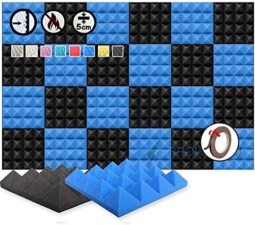 Arrowzoom 24 Acoustic Panels Pyramid Sound Absorbing Treatment Tiles 25x25x5cm Recording Studio 500-8000hz Noise Cancellation Walls Dampening 26kg/m3 Foam Fire Retardant Soundproofing Black Blue 1034