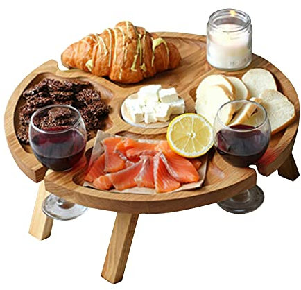 Exnemel Outdoor Weintisch Tragbar, Picknicktisch Rund Holz Tragbarer, Outdoor Weintisch Picknicktisch Klappbar Holz FüR Gartenwarteschlangen Und Camping, Strand (30x16cm)