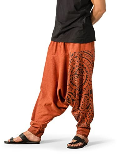 Men's Harem Pants with Pocket for Dance, Boho Hippie Cotton Oversized Tribal Asian Style Outfit for Men, Orange - Mythical Mana, One Size