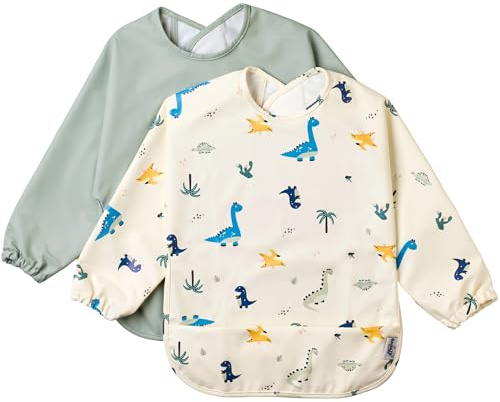 BABATÉ Kids - Bavoir manches longues bebe 2 unités, Bavoir imperméable bébé manches, Bavoir plastique bébé, Bavette bebe imperméable, Tablier enfant, Bavoirs bebe (Dinosaures verts)