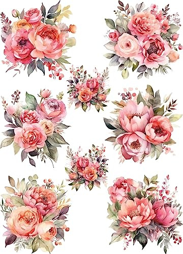 Pink Bouquet di carta di riso, 29,21 x 40,64 cm, 8 immagini di bouquet uniche stampate su carta di gelso da 36 g/m² con fibre visibili per decoupage e ristrutturazione di mobili.