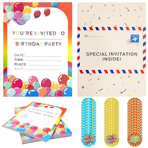 MEMOFYND 42 Inviti arcobaleno, 42 adesivi, inviti per feste di compleanno per bambini e biglietti di compleanno, design di buste piegate per feste di compleanno per ragazzi e ragazze, festa rave