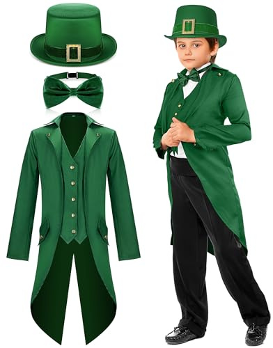 Geyoga Boys St Patrick's Day Outfit Kids Leprechaun Costumes Gothic Vintage Steampunk Tailcoat with Leprechaun Hat Bow Tie(145)