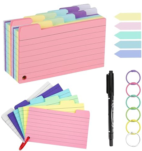 Yhjxly Lot de 300 fiches lignées, Cartes Flash, Cartes de vocabulaire, Cartes d'apprentissage, Cartes de modération, Cartes de vocabulaire colorées avec 6 Anneaux de Reliure pour Les déplacements, l'