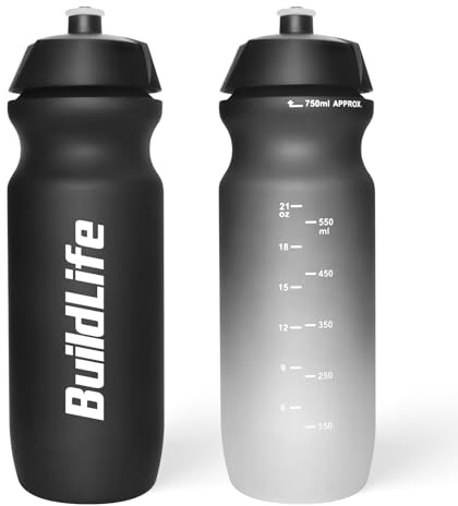 BuildLife Sport Water Bottle 2 Pack, 750ml Squeeze Bottle, BPA Free & Leak Proof Dishwasher Safe Cycling Bottles for Working Out, Fitness, Hiking, Outdoor Sports (Black+BlackWhite)