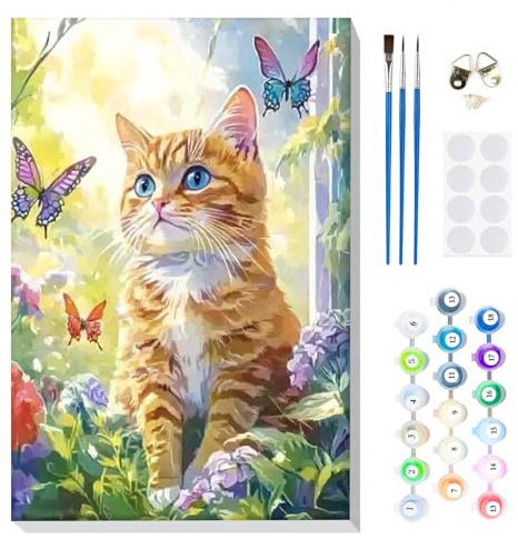 MOGTAA Gato Pintar por Numeros Adultos con Marco, DIY Cuadros para Pintar por Números Mariposa, Kit de Pintura al óleo Animal Digital para Adultos de Lienzo, Decoración para el Hogar 20x30cm